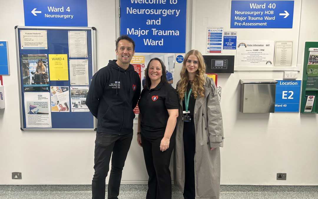 P.A.U.L For Brain Recovery with Hero Izzy Hirst outside The Major Trauma wards at Hull Royal Infirmary